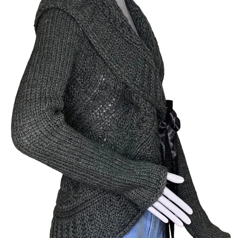 Twenty One Chunky Sweater Gray Satin Ribbon Side Tie Size S - Picture 6 of 9